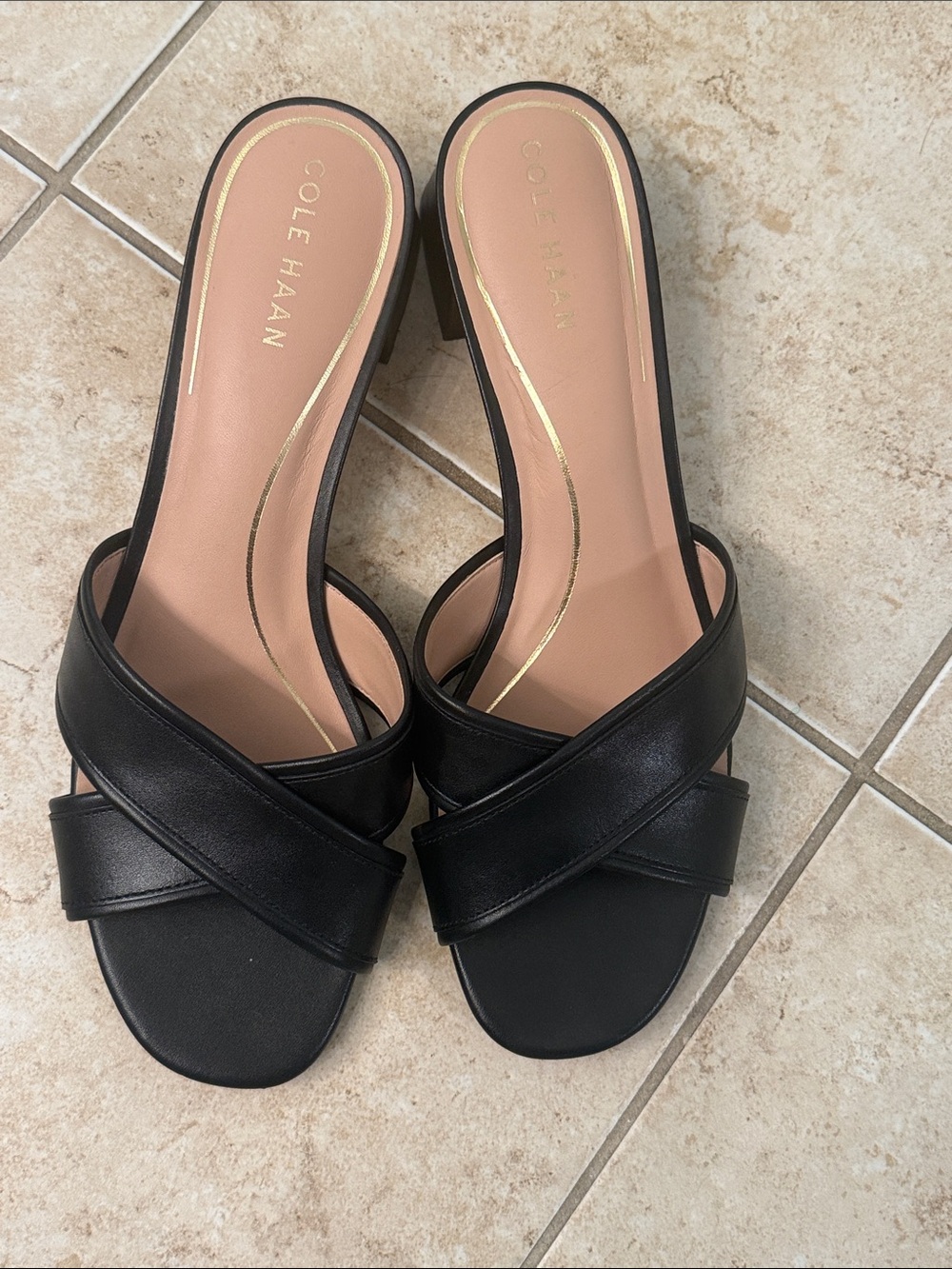 Cole Haan Black Leather Crisscross Slide Mules